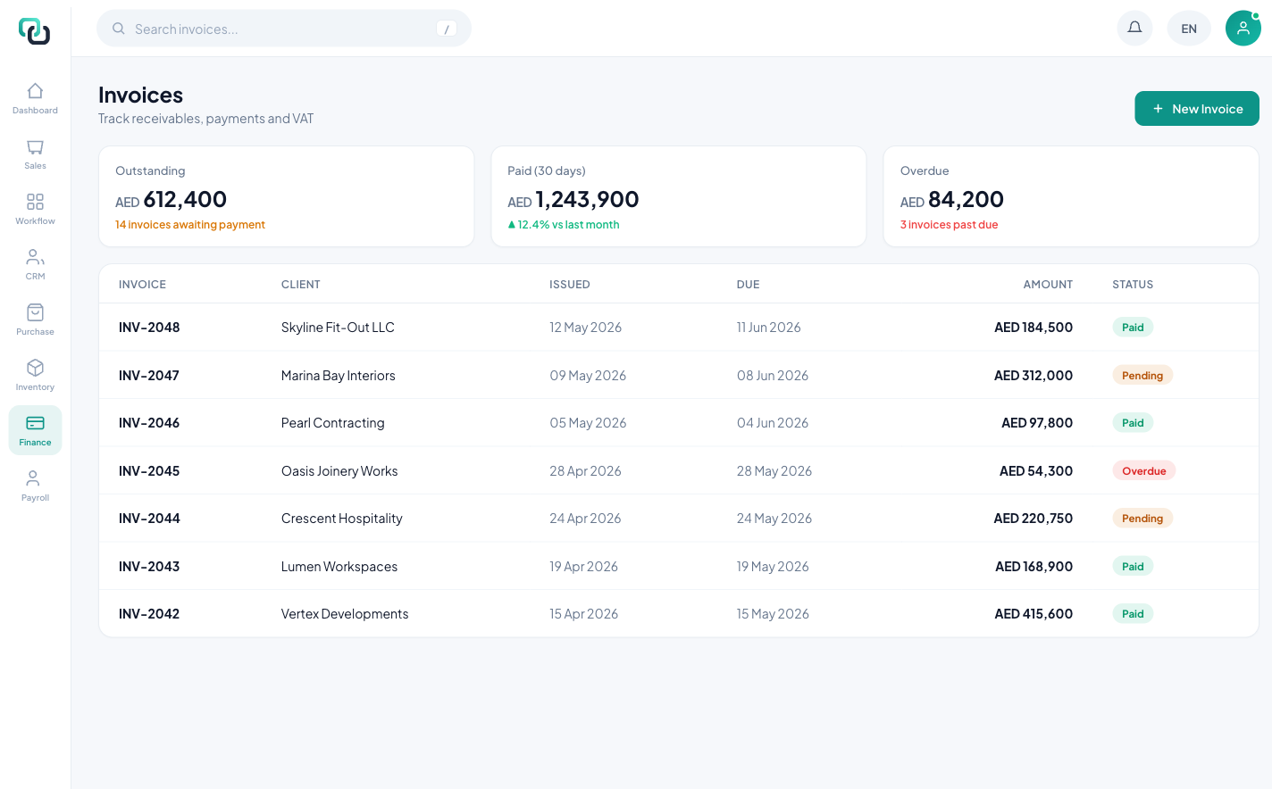 qaflo finance module showing invoices with paid, pending and overdue status and VAT tracking