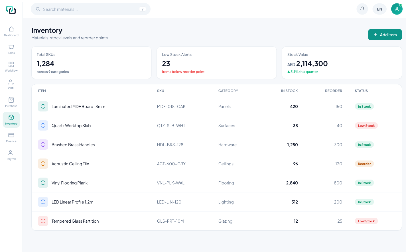 qaflo inventory module tracking project materials and stock levels